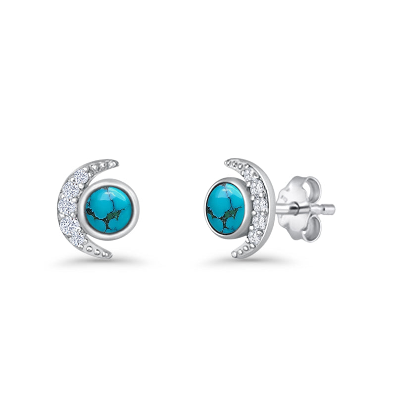 Minimalist 10.4mm Crescent Moon Stud Earrings Turquoise & Cubic Zirconia 925 Sterling Silver