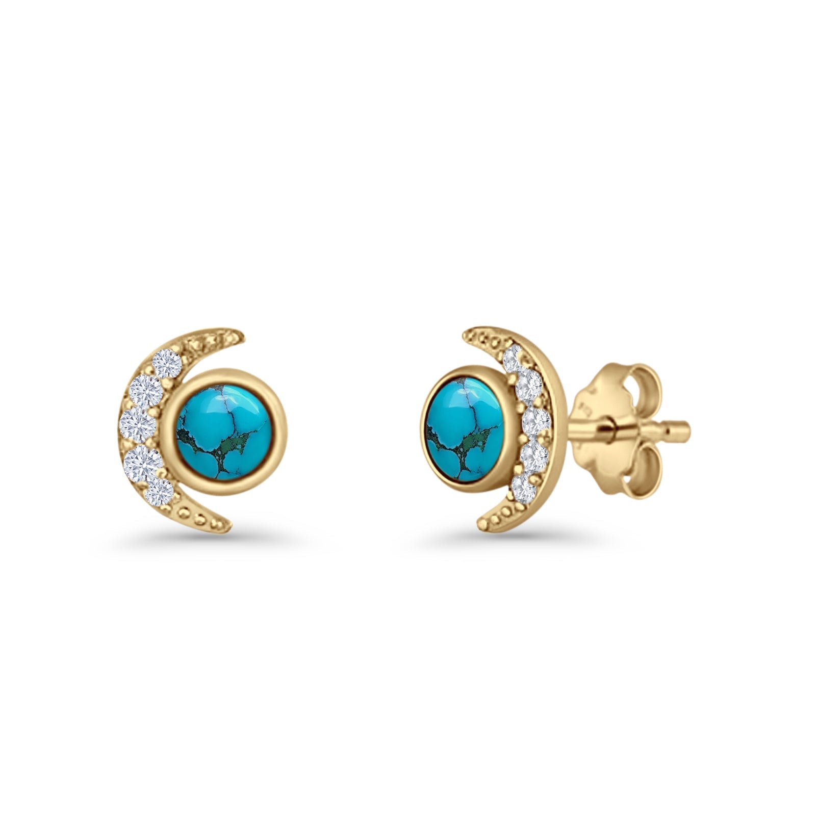 Minimalist 10.4mm Crescent Moon Stud Earrings Turquoise & Cubic Zirconia 925 Sterling Silver