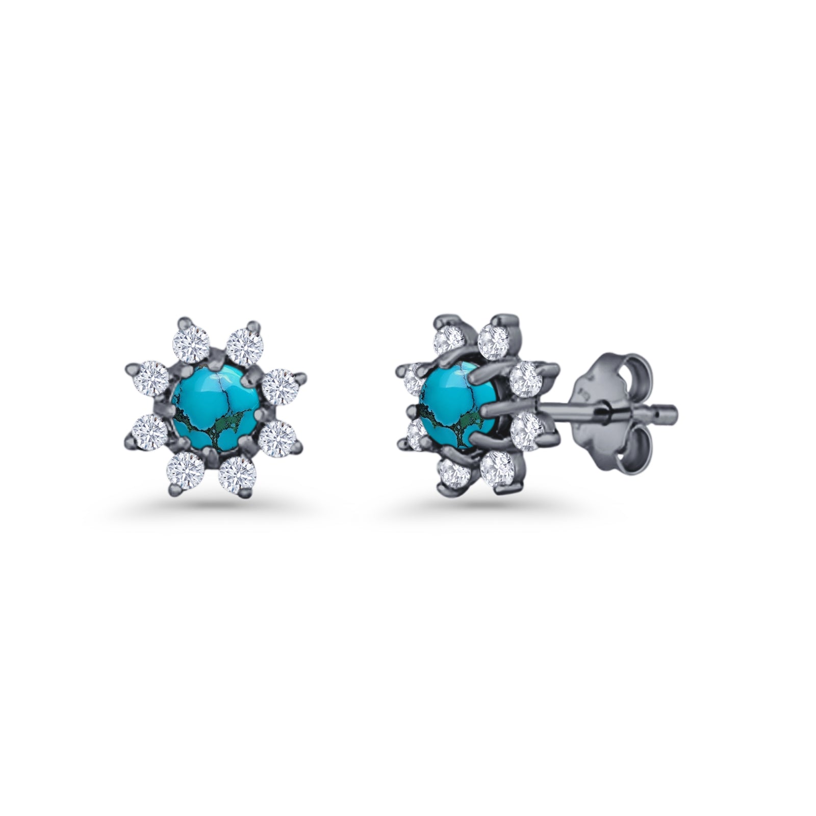 Minimalist 8.2mm Floral Stud Earrings Turquoise & Cubic Zirconia 925 Sterling Silver