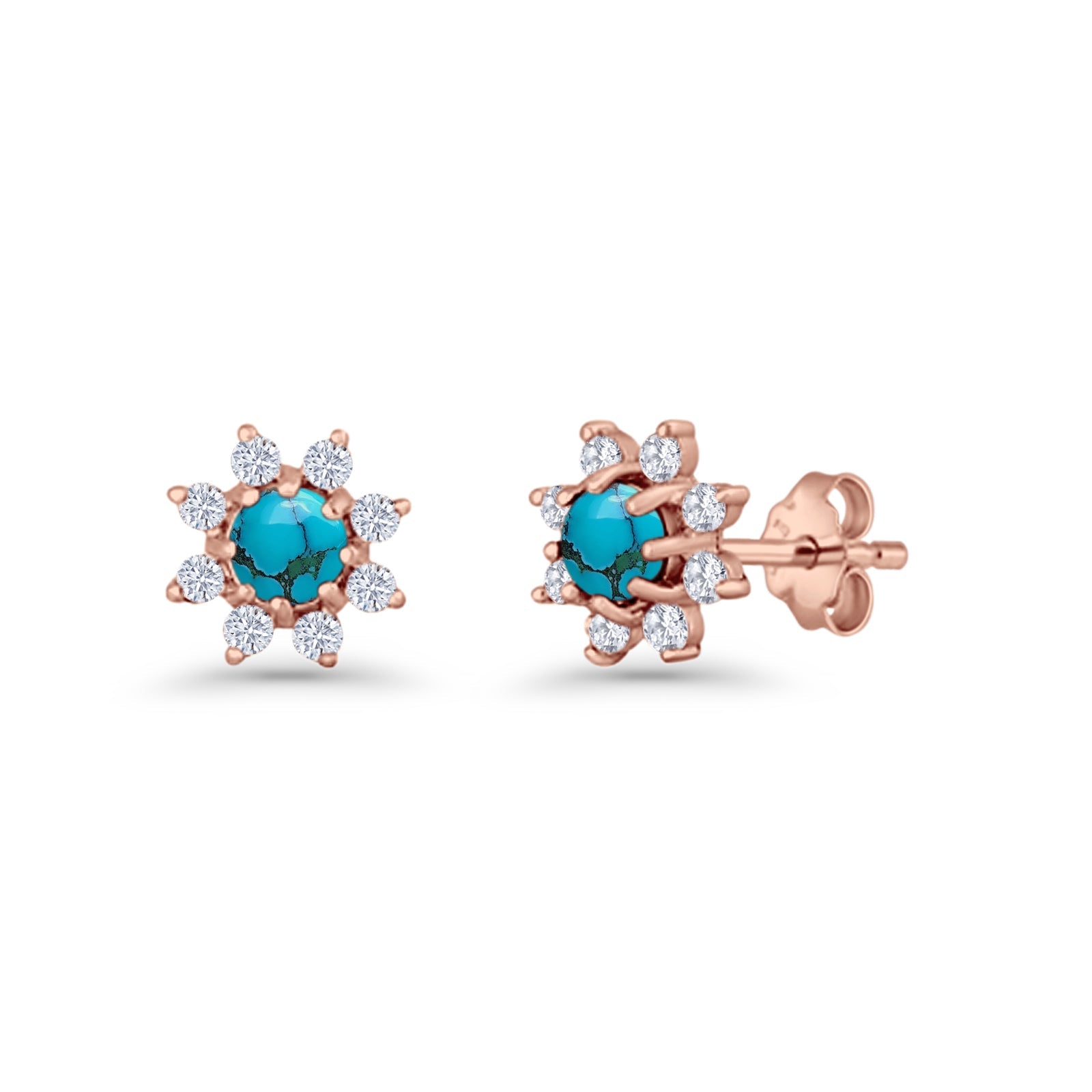 Minimalist 8.2mm Floral Stud Earrings Turquoise & Cubic Zirconia 925 Sterling Silver