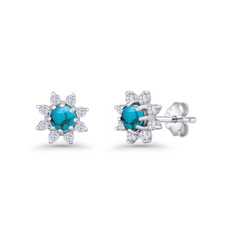 Minimalist 8.2mm Floral Stud Earrings Turquoise & Cubic Zirconia 925 Sterling Silver