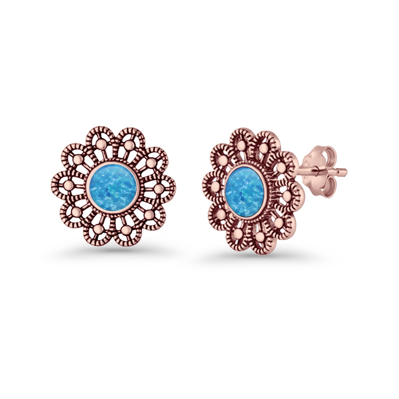 Flower Beaded 15.6mm Created Opal Stud Earring 925 Sterling Silver