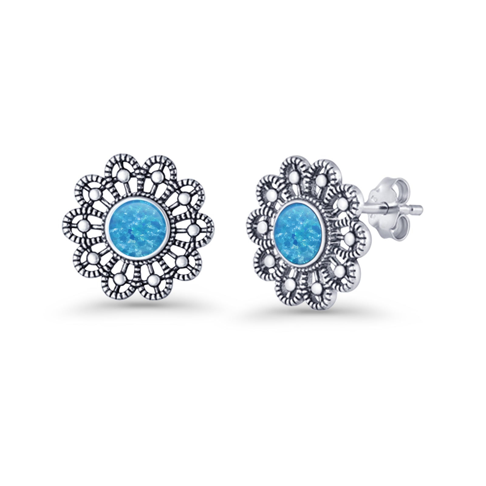 Flower Beaded 15.6mm Created Opal Stud Earring 925 Sterling Silver