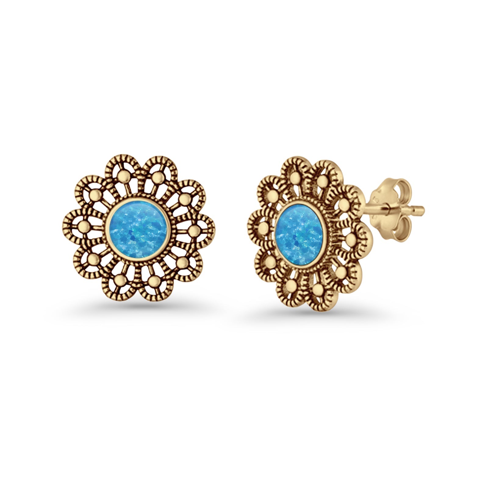 Flower Beaded 15.6mm Created Opal Stud Earring 925 Sterling Silver