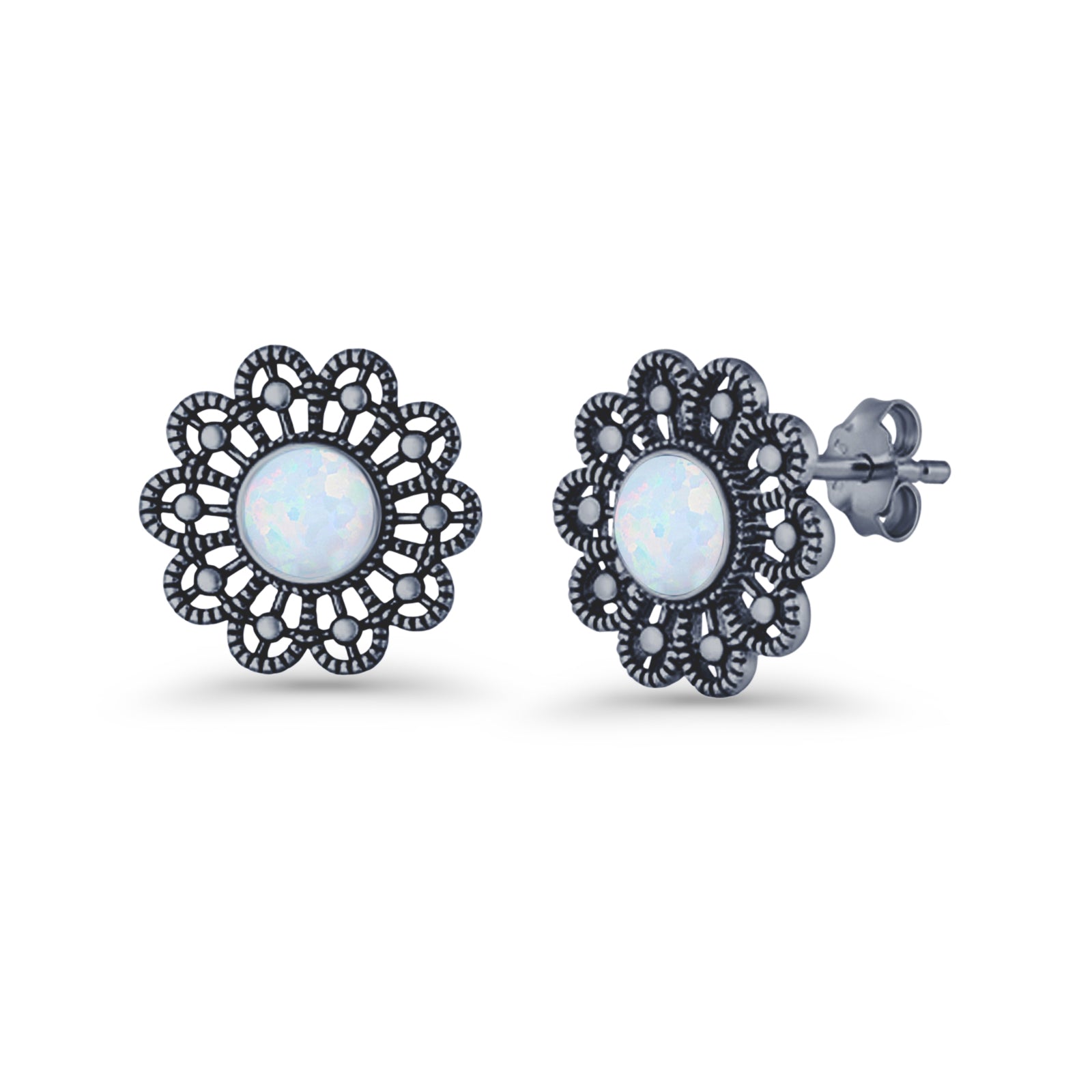 Flower Beaded 15.6mm Created Opal Stud Earring 925 Sterling Silver