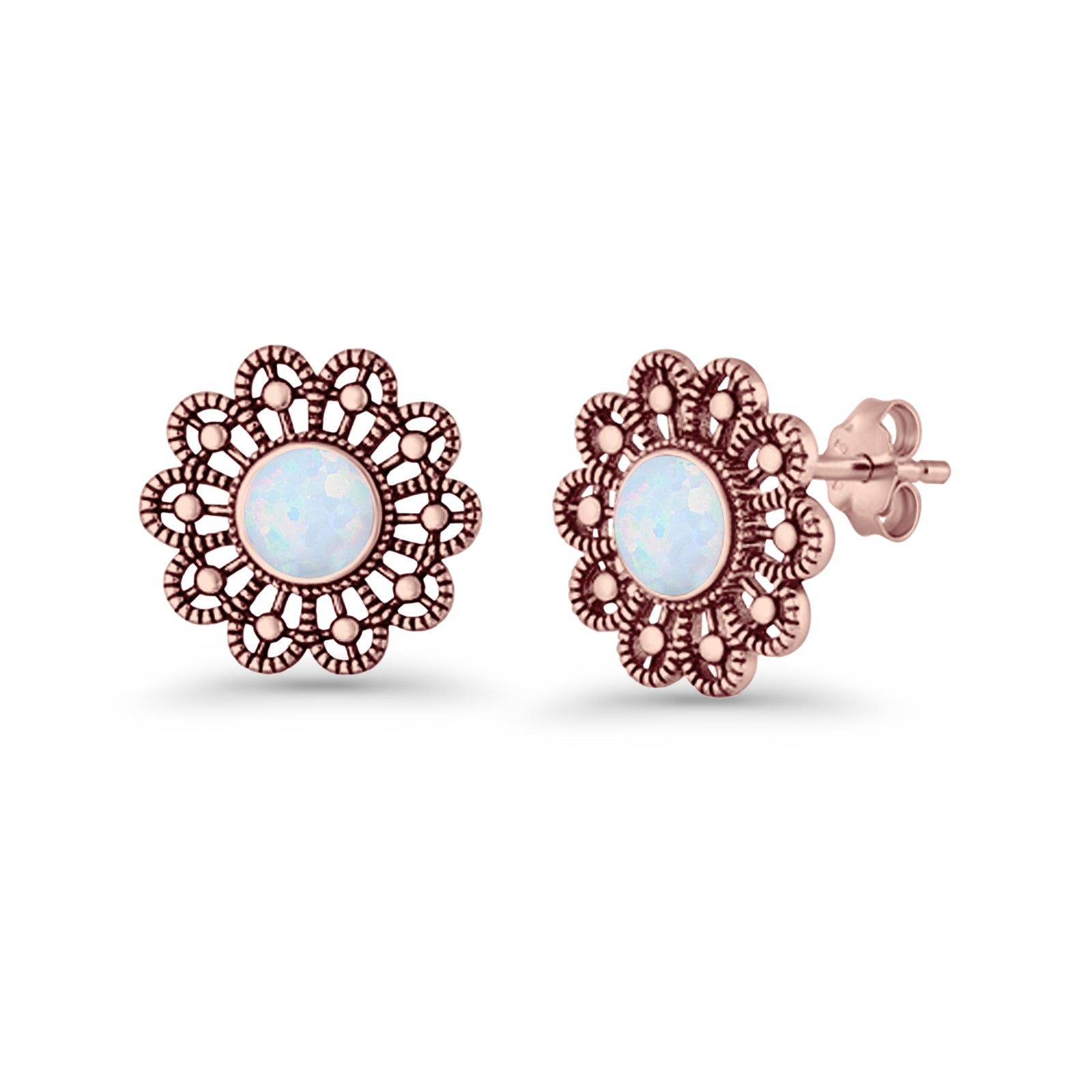 Flower Beaded 15.6mm Created Opal Stud Earring 925 Sterling Silver