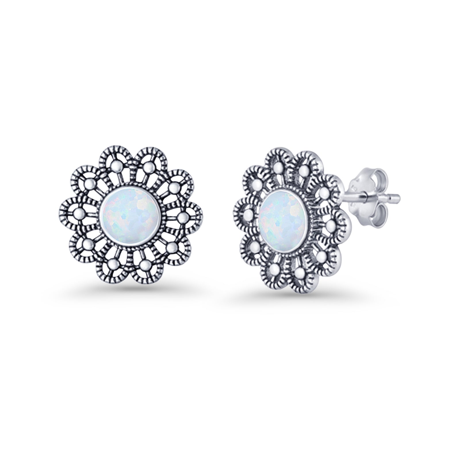 Flower Beaded 15.6mm Created Opal Stud Earring 925 Sterling Silver