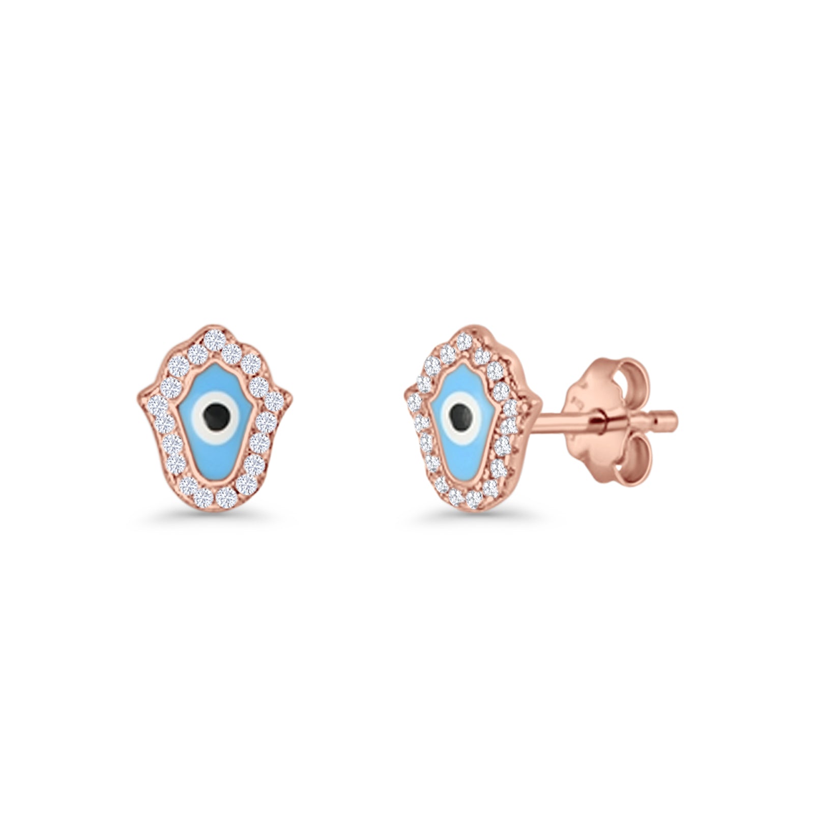 Hamsa Hand Evil Eye Stud Earrings Cubic Zirconia 925 Sterling Silver