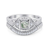 Two Piece Round Natural Green Moss Agate Filigree Ring 925 Sterling Silver