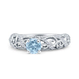 Art Deco Round Natural Aquamarine Filigree Ring 925 Sterling Silver