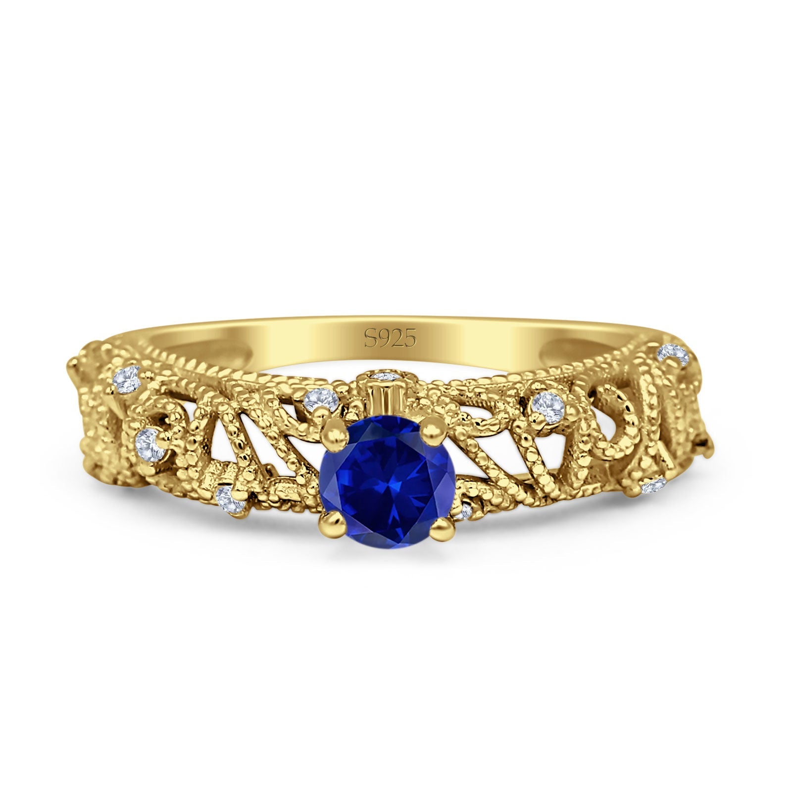 Art Deco 6.2mm Round Blue Sapphire CZ Beaded Filigree Ring 925 Sterling Silver