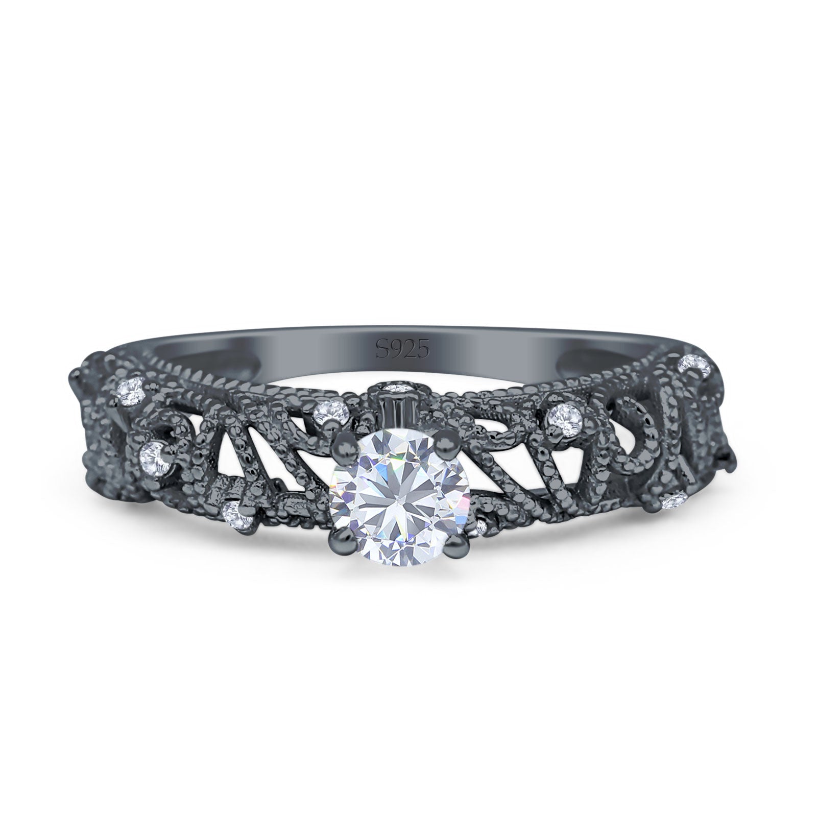 Art Deco 6.2mm Round Cubic Zirconia Beaded Filigree Ring 925 Sterling Silver