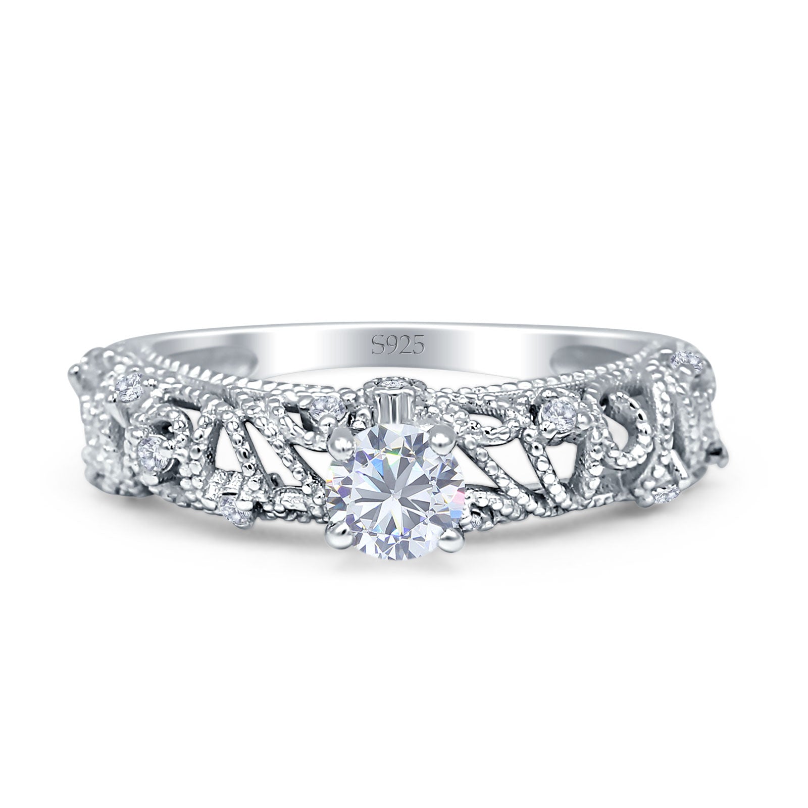 Art Deco 6.2mm Round Cubic Zirconia Beaded Filigree Ring 925 Sterling Silver