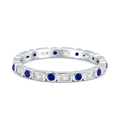 Minimalist 2.5mm Full Eternity Band CZ & Blue Sapphire CZ 925 Sterling Silver