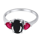 Three Stone Oval Natural Black Onyx Trellis Ring 925 Sterling Silver