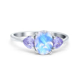 Three Stone Oval Natural Moonstone Wedding Ring 925 Sterling Silver