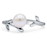 Minimalist 11mm Round Pearl Leaf Solitaire Ring 925 Sterling Silver