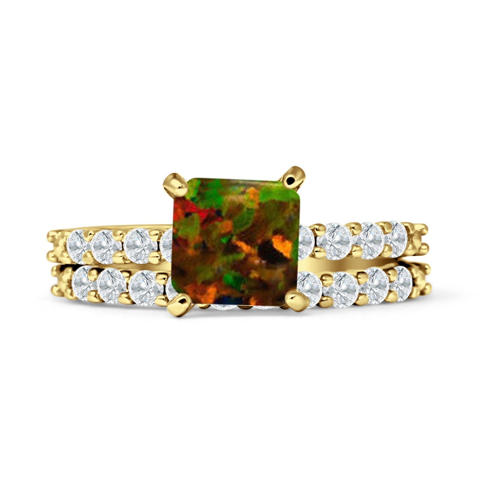 Art Deco 8mm Princess Cut Lab Created Black Opal Stackable Ring 925 Sterling Silver