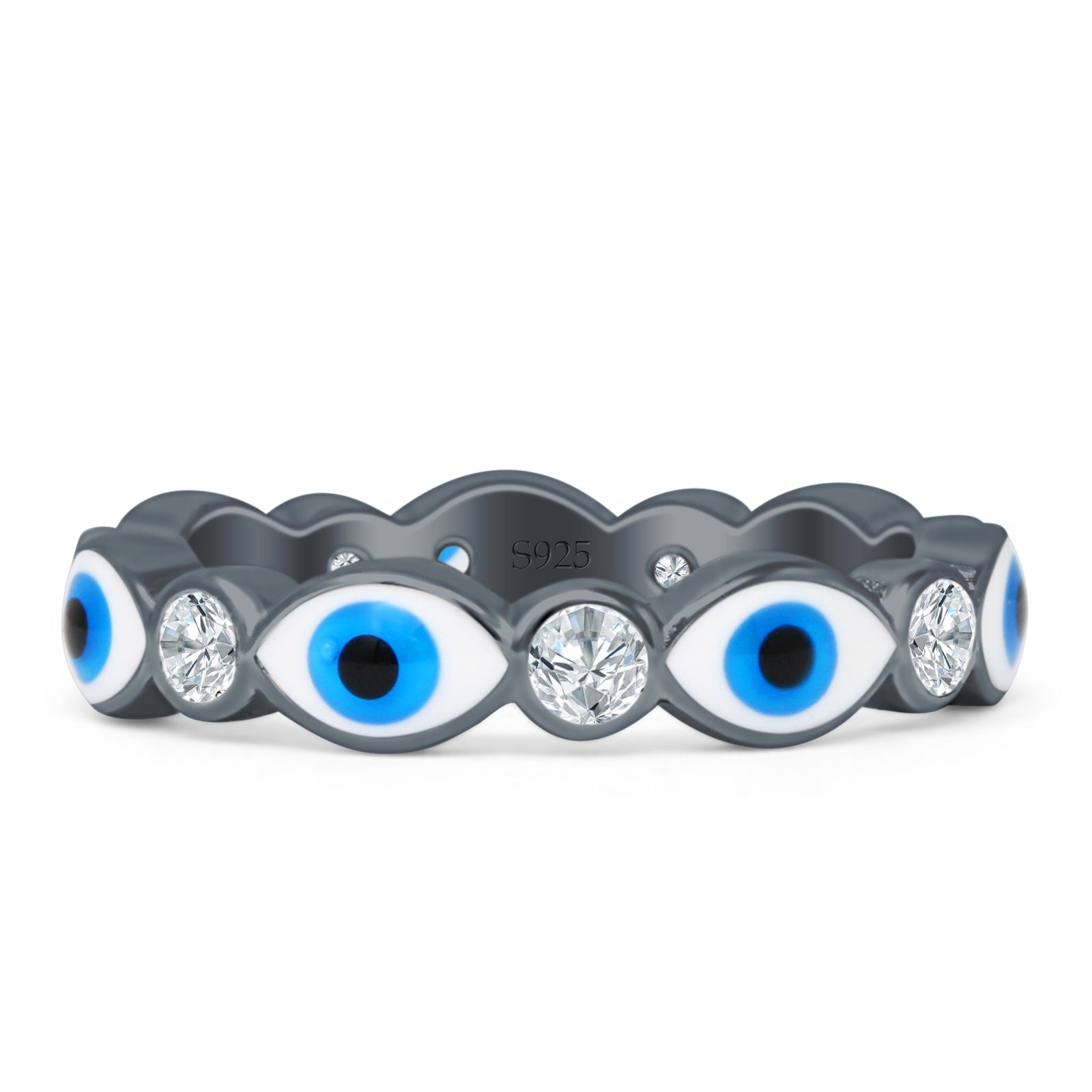 Evil Eye 4mm Round Cubic Zirconia Stackable Band 925 Sterling Silver