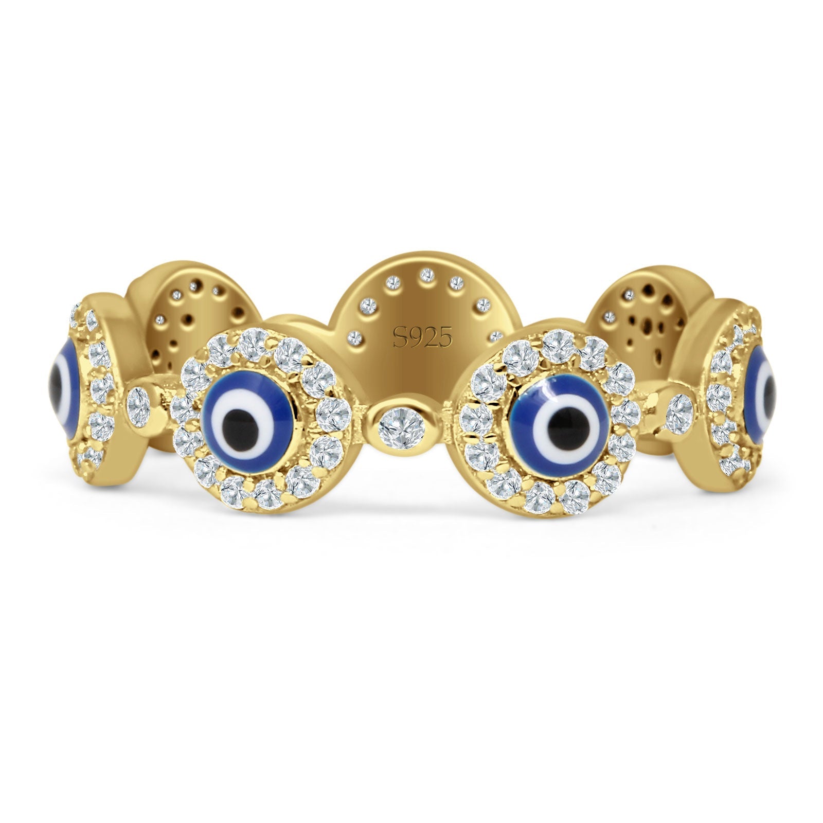 Good Luck 5.4mm Evil Eye Rings Round Halo Cubic Zirconia 925 Sterling Silver