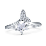 Minimalist 14mm Whale Tail & Star Ring Cubic Zirconia 925 Sterling Silver
