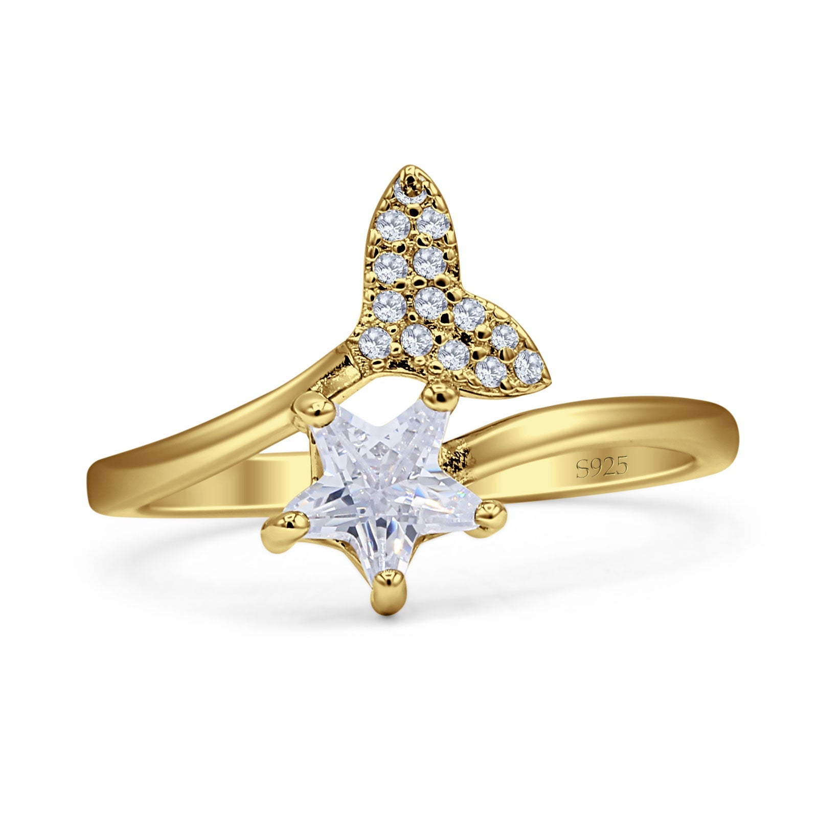 Minimalist 14mm Whale Tail & Star Ring Cubic Zirconia 925 Sterling Silver