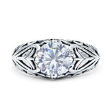 Minimalist 9.3 Round CZ Floral Ring Oxidized 925 Sterling Silver