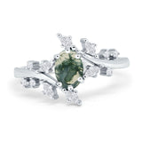 Floral Oval Natural Green Moss Agate Leaf Art Deco Ring 925 Sterling Silver