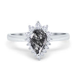 Art Deco Pear Teardrop Natural Rutilated Quartz Cocktail Ring 925 Sterling Silver
