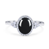 Oval Natural Black Onyx Halo Wedding Ring 925 Sterling Silver