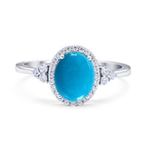 Oval Genuine Natural Arizona Sleeping Beauty Turquoise Halo Wedding Ring 925 Sterling Silver