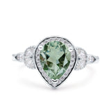 Pear Teardrop Natural Green Amethyst Prasiolite Leaf Halo Floral Ring 925 Sterling Silver