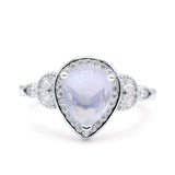 Pear Teardrop Natural Moonstone Leaf Halo Floral Ring 925 Sterling Silver