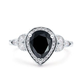 Pear Teardrop Natural Black Onyx Leaf Halo Floral Ring 925 Sterling Silver
