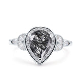 Pear Teardrop Natural Rutilated Quartz Leaf Halo Floral Ring 925 Sterling Silver