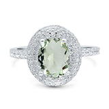 Oval Natural Green Amethyst Prasiolite Double Halo CZ Ring 925 Sterling Silver