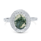 Oval Natural Green Moss Agate Double Halo CZ Ring 925 Sterling Silver