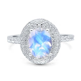Oval Natural Moonstone Double Halo CZ Ring 925 Sterling Silver