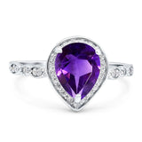 Pear Teardrop Natural Amethyst Halo Wedding Ring 925 Sterling Silver