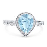 Pear Teardrop Natural Aquamarine Halo Wedding Ring 925 Sterling Silver