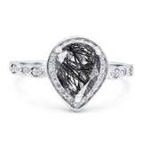 Pear Teardrop Natural Rutilated Quartz Halo Wedding Ring 925 Sterling Silver