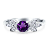 Art Deco Round Natural Amethyst Floral Leaf Ring 925 Sterling Silver