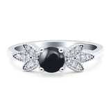 Art Deco Round Natural Black Onyx Floral Leaf Ring 925 Sterling Silver