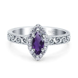 Art Deco Marquise Natural Amethyst Filigree Band Halo Ring 925 Sterling Silver