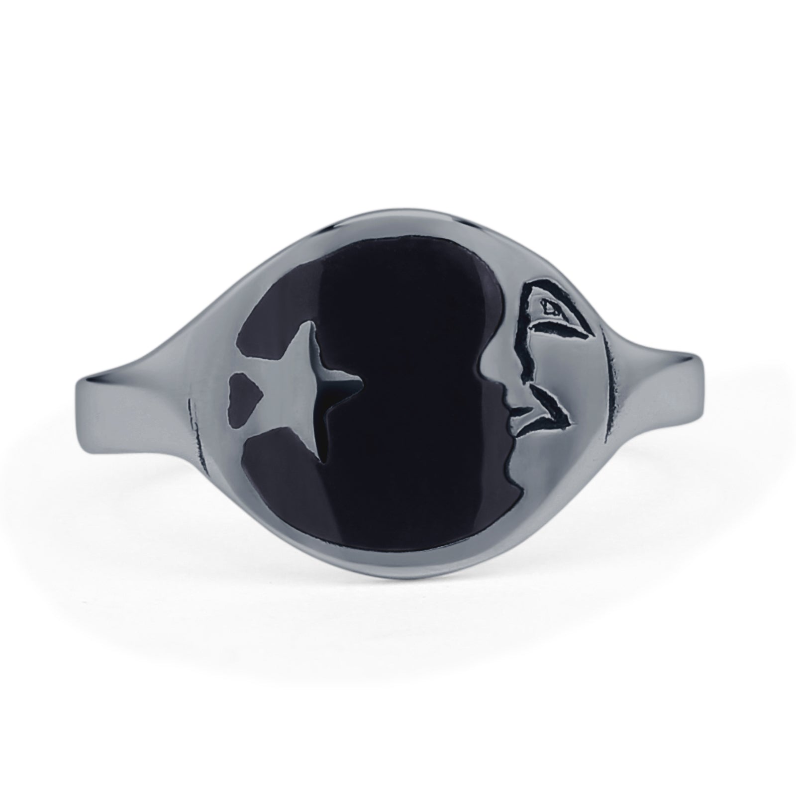 Minimalist 11mm Black Agate Star & Moon Ring 925 Sterling Silver