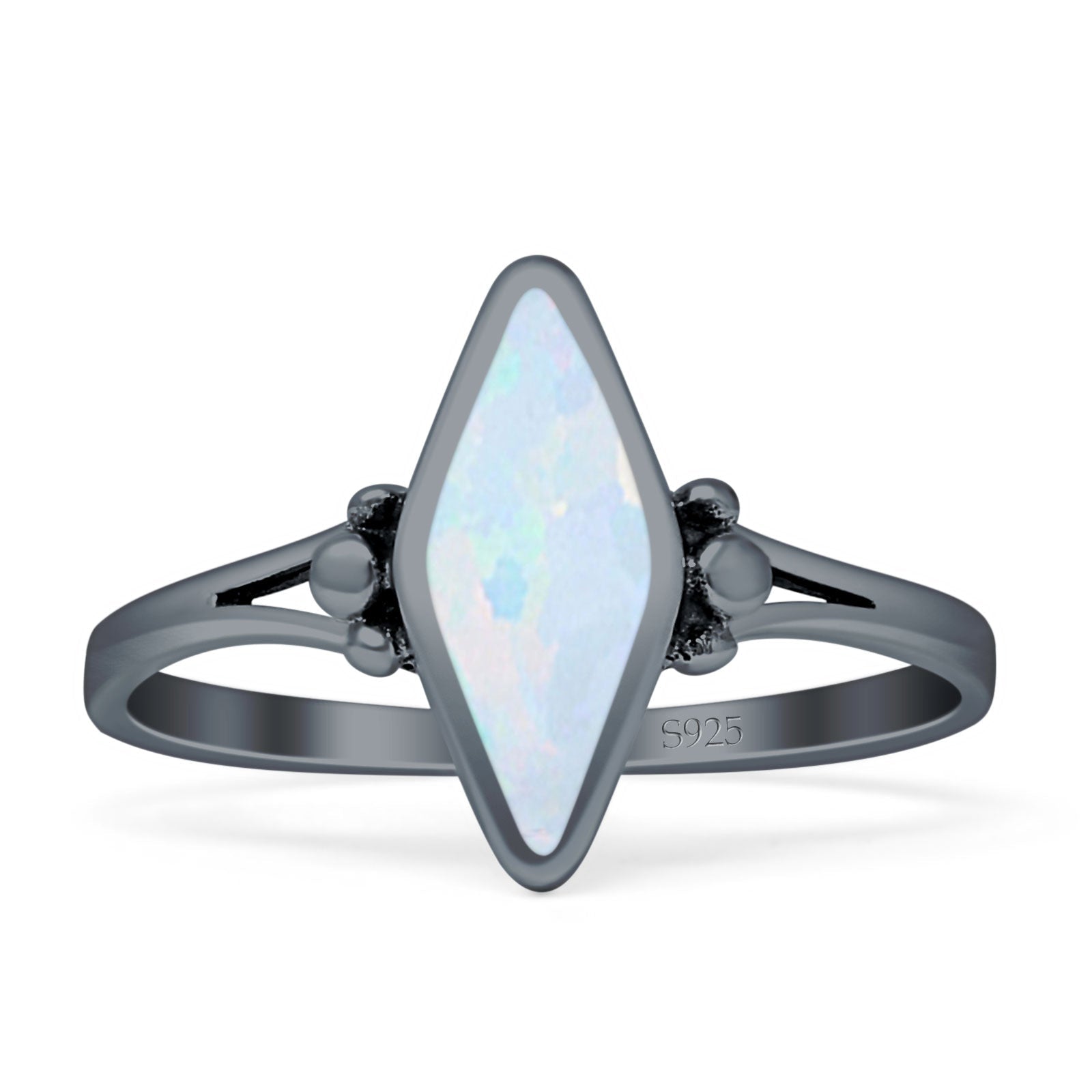 Art Deco Marquoise Oxidized Lab Created White Opal  Vintage Style Ring 925 Sterling Silver
