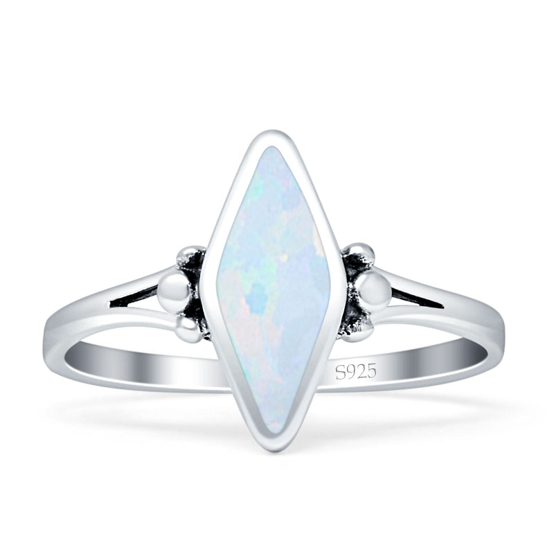 Art Deco Marquoise Oxidized Lab Created White Opal  Vintage Style Ring 925 Sterling Silver