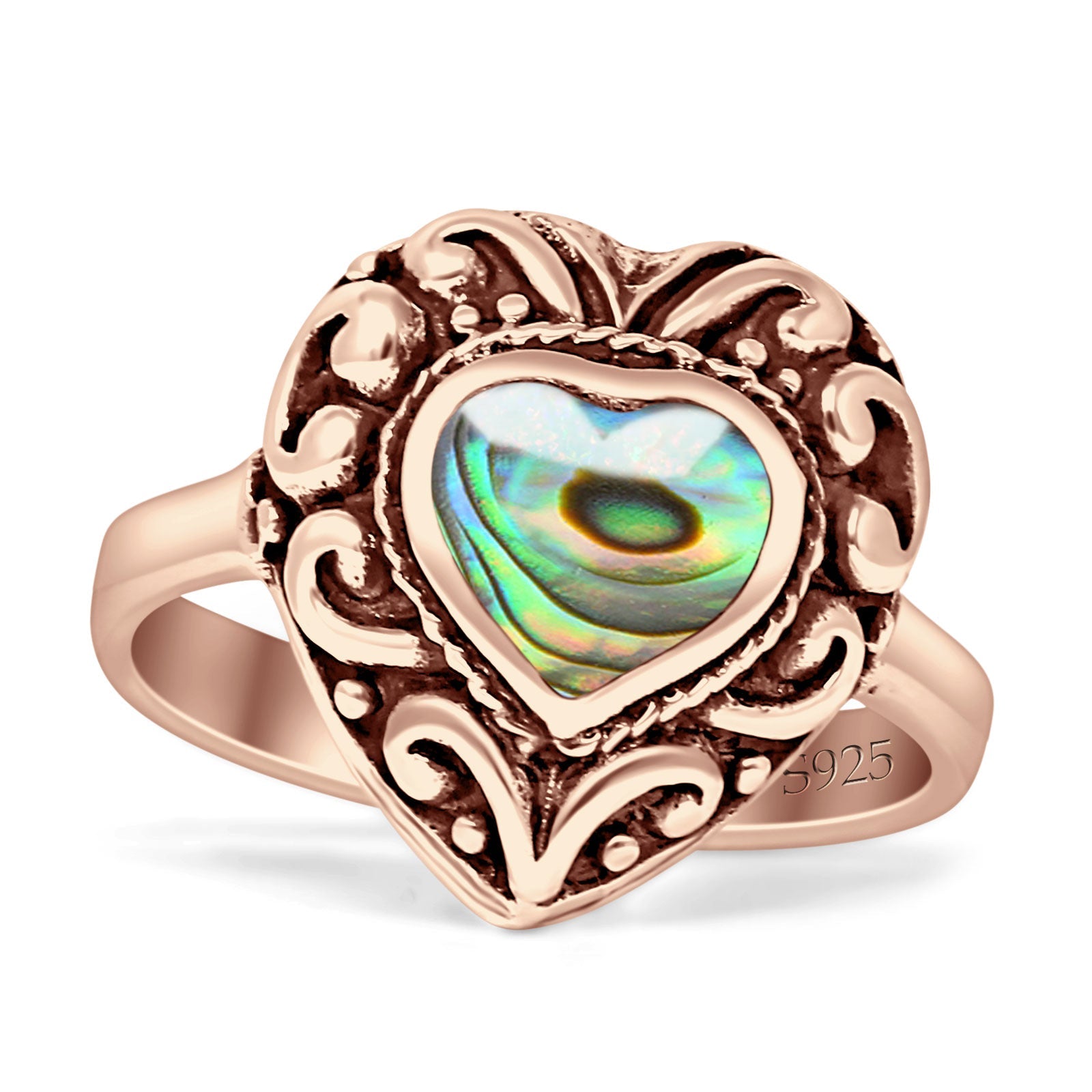 Oxidized Heart Abalone Shell Filigree Ring