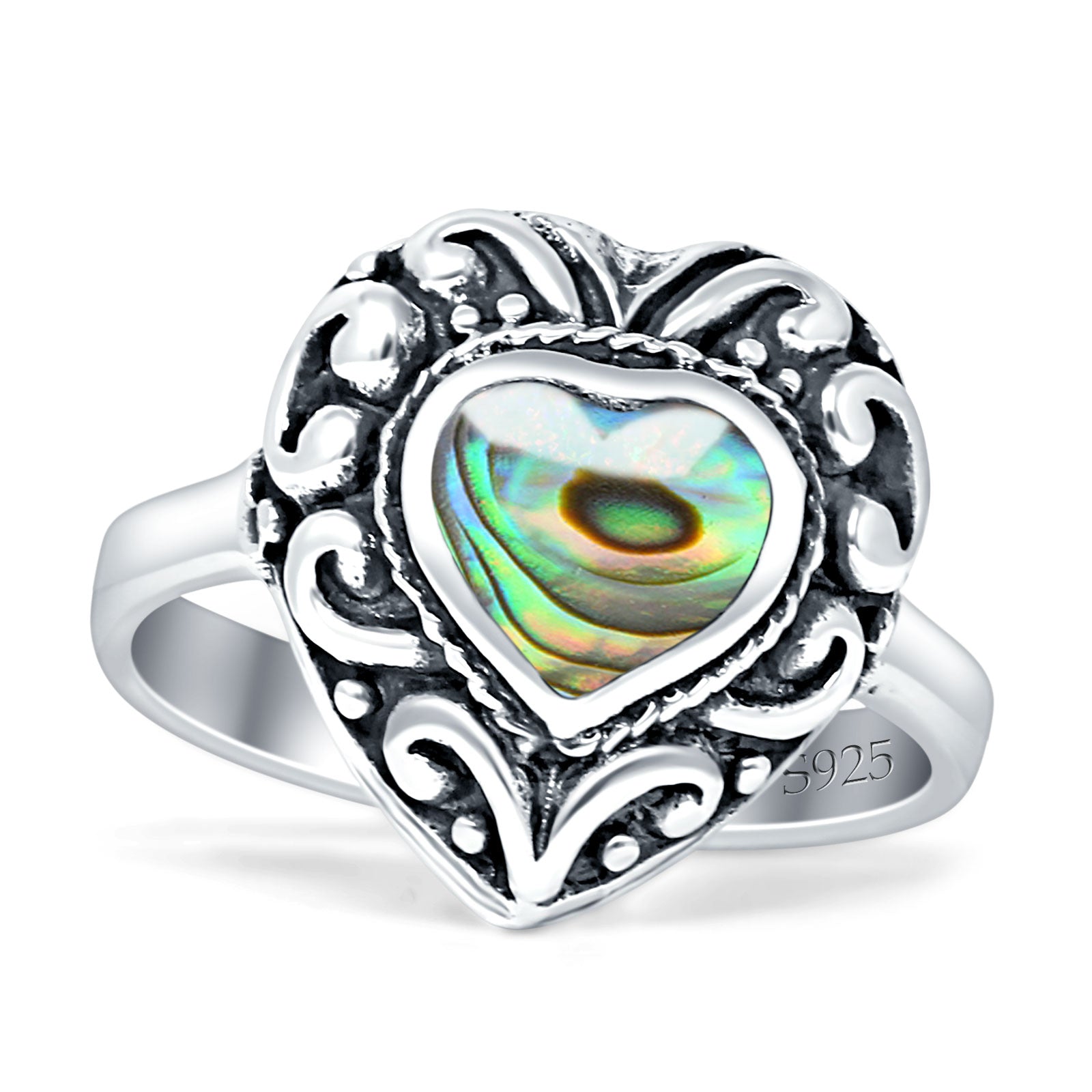 Oxidized Heart Abalone Shell Filigree Ring