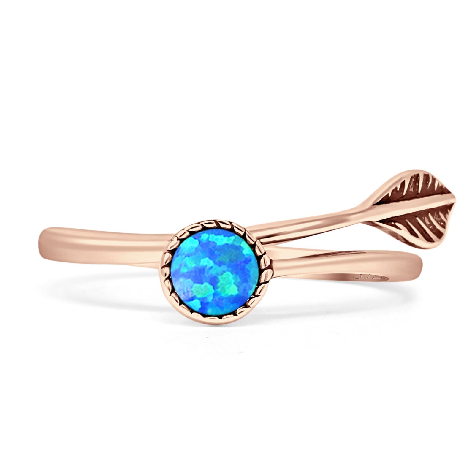 Round 10mm Lab Created Blue Opal Twisted Rope Feather Ring Oxidized 925 Sterling Silver